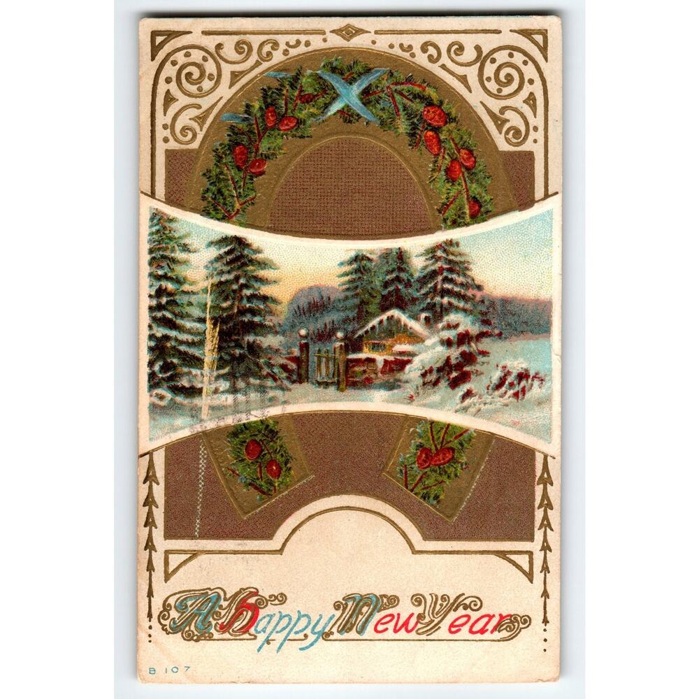 Vintage 1913 Embossed New Year Postcard Winter Cabin Scene